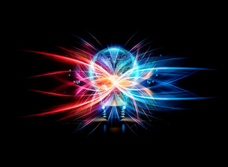 Poster - A glowing lightbulb, its interior a complex circuit board, radiates innovation and technological advancement.  Surrounding circuitry emphasizes the merging of electricity and intelligence.