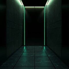 Aufkleber - Illuminated Passage: A dark, reflective hallway with striking green neon light and a mysterious black void ahead.