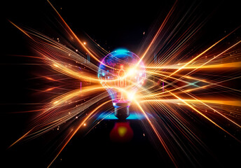 Poster - A vibrant neon lightbulb with a circuit board design glows against a dark backdrop, casting a colorful reflection.  Illuminated technology represents innovation and bright ideas.