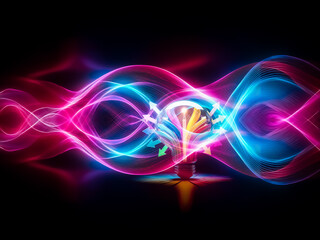 Poster - A glowing light bulb emits colorful arrows in all directions on a dark background, symbolizing ideas and innovation.