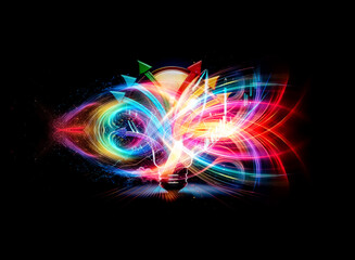Poster - Illuminated bulb with rainbow arrows radiate outward. Dark background. Spreading ideas and creative solutions from central inspiration.