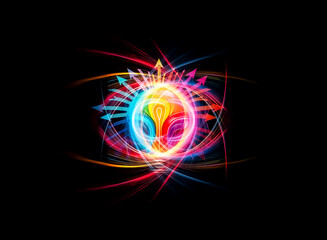 Poster - A vibrant rainbow light bulb emits colorful arrows against a dark background, representing bright ideas, creative solutions, and innovative thinking.