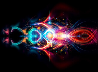 Poster - Glowing light bulb at the center of concentric circles and radiating lines against a dark backdrop. Abstract digital art with vibrant illumination and a sense of technology and innovation.