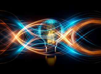 Poster - A glowing lightbulb, its circuitry visible, emits a warm yellow light, surrounded by a vibrant blue energy field.  This symbolizes innovative ideas and technological advancement.