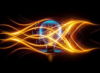 Poster - A glowing lightbulb, its interior etched with intricate circuitry, symbolizes innovative technology and brilliant ideas.  The blue circuitry contrasts with the warm light, representing the fusion of t