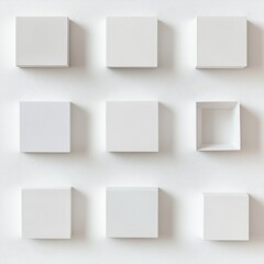 Aufkleber - Minimalist Composition of Nine White Cubes with a Textured White Background, one open box, artful, gallery display.