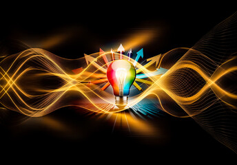 Poster - Bright multicolored light bulb emits rays of ideas, shown as arrows pointing in various directions, symbolizing creativity, options, and the spread of innovation.