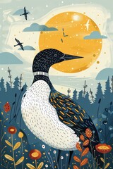 Poster - A stylized illustration of a loon beside a large sun and a forest backdrop.