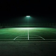 Aufkleber - Night Game: Illuminated Basketball Court in Gloomy Green Ambiance, Empty and Waiting for Players