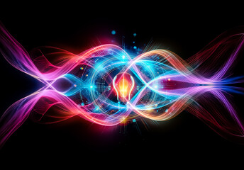 Poster - A glowing light bulb emits radiant energy with vibrant blue and orange bursts against a dark backdrop. It symbolizes innovation and bright ideas.