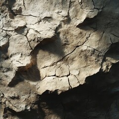 Poster - Textured Stone Face with Cracks and Shadows, a Close-Up View of Weathered Rock Formation