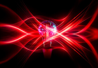 Poster - A vibrant light bulb with a circuit board interior radiates neon hues against a stark black backdrop, creating a captivating digital illumination.