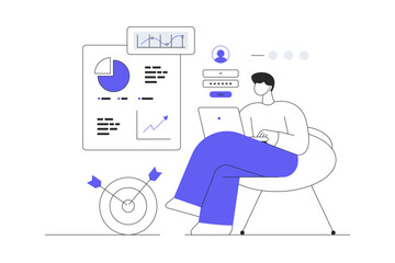 Poster - Digital business concept. Men Character compares sales performance of company and analyzing statistics. Flat Cartoon Vector Illustration, icon. Stylish abstract Flat design for website