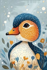 Poster - A colorful illustration of a duck surrounded by flowers and a soft background.