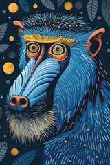 Aufkleber - a vibrant, stylized illustration of a baboon with intricate details and bold colors.
