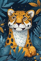 Poster - A stylized illustration of a leopard surrounded by vibrant foliage.
