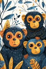 Poster - A whimsical illustration of three playful monkeys surrounded by colorful foliage.