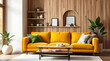 © タンロック - Modern Living Room With Yellow Sofa Wooden Wall and Natural Light Filled Interior