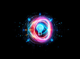 Aufkleber - A glowing lightbulb at the center of a futuristic, circular technological interface.  The design symbolizes innovation and digital ideas.