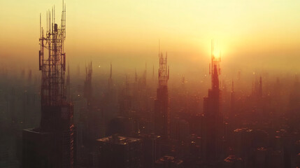 Leinwandbilder - Dystopian cityscape emerging at sunset, towering skyscrapers piercing dramatic skyline, dense antenna network dominating urban horizon