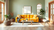 © タンロック - Bright and Cozy Living Room Interior with Orange Sofa and Natural Light