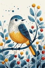 Poster - A colorful bird perched on a branch surrounded by leaves and berries in a whimsical style.