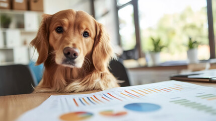 Aufkleber - Golden Retriever dog sitting at a desk reviewing financial charts and graphs in a modern office setting