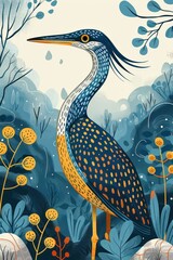 Poster - A stylized illustration of a colorful bird amidst a whimsical nature setting.