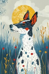 Poster - A stylized illustration of a dog with a sun backdrop, surrounded by colorful grass and flowers.
