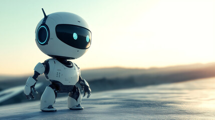 Aufkleber - Futuristic robot walking on snow during a beautiful sunset, concept of artificial intelligence and exploration
