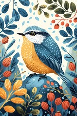 Poster - A colorful illustration of a bird surrounded by vibrant foliage and berries.