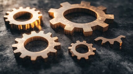 Poster - Close-up of metallic gears arranged artistically on a textured surface, showcasing intricate details