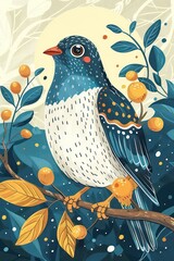 Poster - A colorful illustrated bird perched on a branch surrounded by leaves and berries.