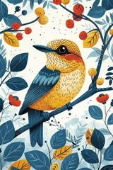 Poster - A vibrant illustration of a bird perched on a branch surrounded by colorful foliage.