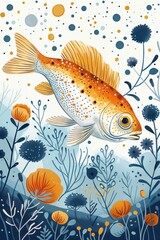 Poster - An artistic illustration of a goldfish surrounded by colorful underwater plants and bubbles.