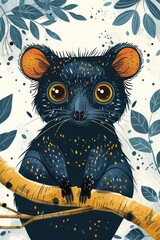 Poster - A whimsical illustration of a black koala-like creature perched on a branch amidst leaves.