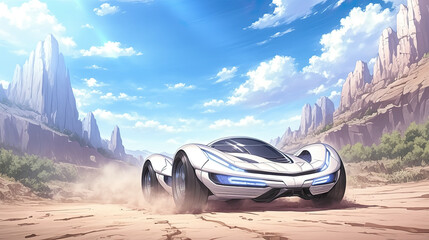 Wall Mural - Futuristic solar-powered car racing through a desert landscape under clear blue skies during daytime in a stylized anime setting with dynamic motion and energy