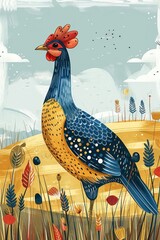 Poster - A colorful, stylized illustration of a rooster standing in a field with plants and clouds.