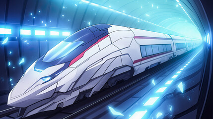 Wall Mural - Futuristic anime hovertrain speeding through a dark tunnel surrounded by glowing lights and dynamic scenery representing advanced technology and transportation