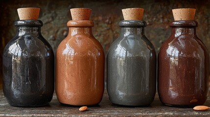Poster - Three decorative bottles on a wooden table with a rustic background