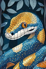Poster - A vibrant illustration of a snake with blue and orange patterns among leaves.