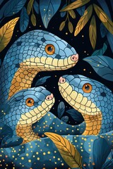 Poster - Three stylized snakes with vibrant colors amidst leaves and a dark background.