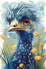 Poster - A vibrant illustration of a blue bird with striking features amidst colorful flowers.