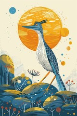 Poster - A stylized bird stands against a vibrant sun, surrounded by whimsical plants and rocks.