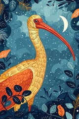 Poster - A stylized illustration of a colorful bird surrounded by foliage and a night sky.