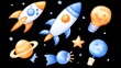 © Chano_1_na - Colorful Cartoon Rockets Planets Stars Lightbulb and Fish in Space on Black Background