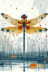 Aufkleber - A vibrant illustration of a dragonfly over a serene water surface with colorful accents.