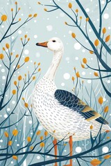 Poster - A stylized illustration of a goose surrounded by branches and leaves in a serene setting.