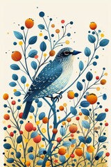 Poster - A stylized bird perched among colorful foliage and berries, showcasing nature's beauty.
