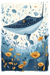 Poster - A whimsical illustration of a ray swimming among stylized flowers and plants.